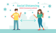 Social Distancing Concept With Two People At A Distance Waving To Each Other. Vector Illustration In Flat Style
