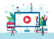 © Biscotto Design - Online education concept, screen with video, books and pencils. Small people characters. Vector illustration in flat style