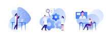 Science Engineering And Technology Innovation Concept. Vector Flat Person Illustration Set. Man And Woman Scientist Team. Lab Equipment. Laptop, Online Conference, Cog. Design For Teamwork Banner