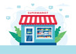 Grocery store concept, supermarket with different grocery. Vector illustration in flat style
