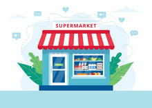 Grocery Store Concept, Supermarket With Different Grocery. Vector Illustration In Flat Style