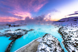 Fototapeta Miasta - Beautiful landscape and sunset near Blue lagoon hot spring spa in Iceland 