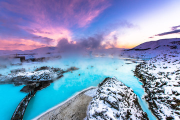 beautiful landscape and sunset near blue lagoon hot spring spa in iceland 