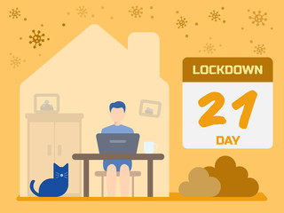 Lockdown Covid-19 coronavirus outbreak. Male employee works from home to avoid viruses. Illustration about Coranavirus or Covid-19.