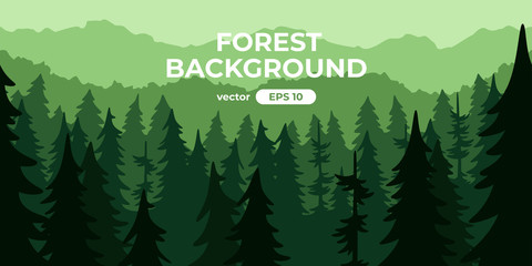 Seamless forest landscape, Colorful silhouette with trees, pines, firs, mountains and hills