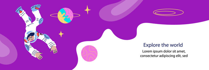 Wall Mural - Banner or flyer for Cosmonautics day template with astronaut or spaceman character. Universe research, space journey and world exploring concept. Flat cartoon vector illustration.