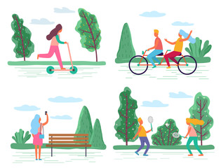 Set of people spending time outdoors, characters with hobbies and active lifestyle. Couple riding double bike, pair planning tennis in park. Female taking photos of forest, girl on scooter vector