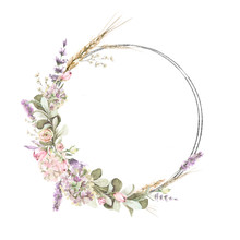 Hand Painted Watercolor Wreath With Roses, Lavander And Foliage. Romantic Floral Rustic Set Perfect For Fabric Textile, Vintage Paper, Scrapbooking, Invitation Or Greeting Cards.
