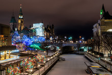 Rideau Canal Skateway At Night. Parliament Hill In The Background.