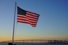 American Flag Of The United States Of America  Floating In The Sky On A Mast In San Diego, California