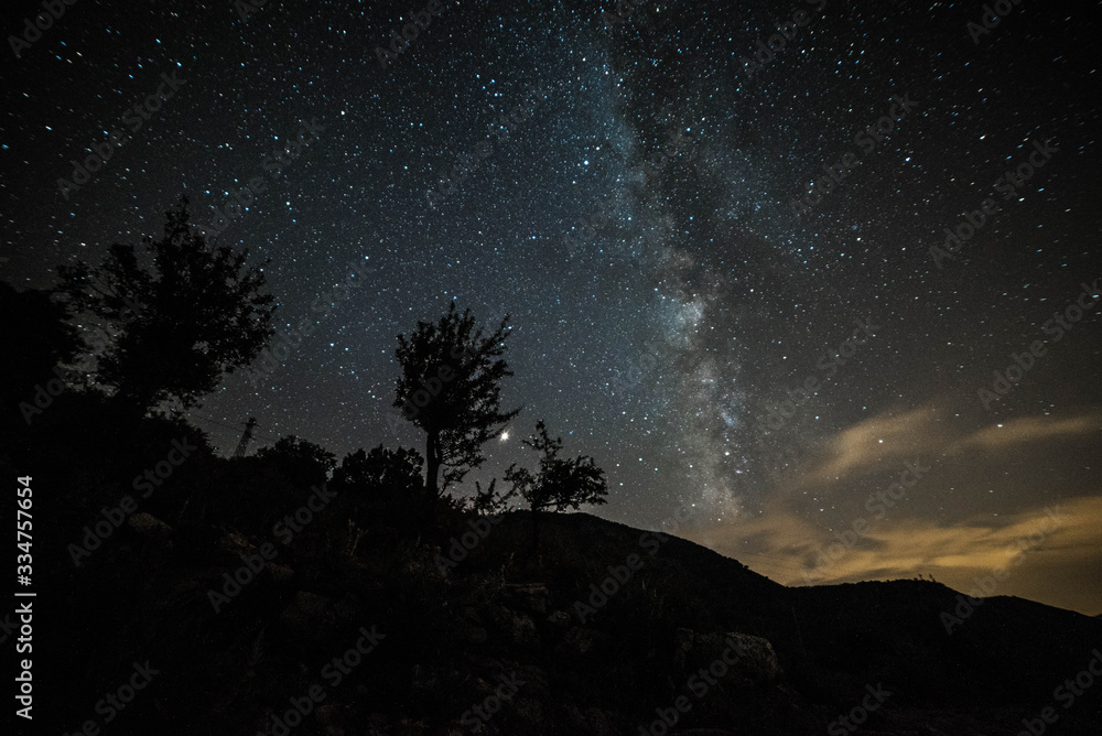 Colorful night landscape Milky Way over the mountains in the starry sky ...