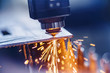 Leinwandbild Motiv CNC laser machine cutting sheet metal with light spark. Technology plasma industrial, Blue steel color