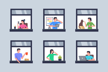 Wall Mural - neighbors in windows. windows with neighbors. stay home concept. flat style