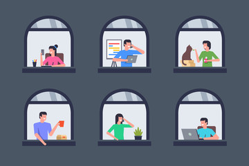 Wall Mural - neighbors in windows. windows with neighbors. stay home concept. flat style