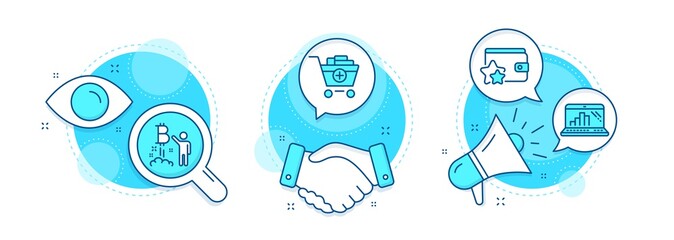 Wall Mural - loyalty program, graph laptop and bitcoin project line icons set. handshake deal, research and promo