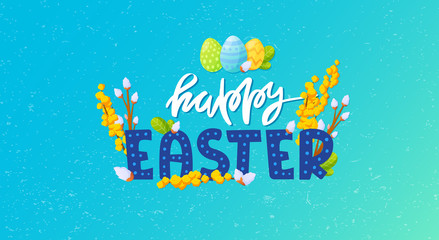 Wall Mural - Painted eggs and flowers Easter holiday background