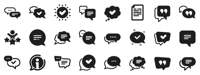 approved, checkmark box and social media message. chat and quote icons. chat speech bubble, tick or 
