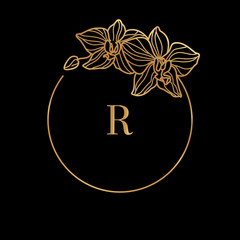 Wall Mural - Gold frame template Orchid Flower and monogram concept with the letter R in minimal linear style. Vector floral logo