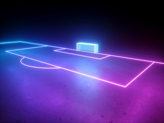 3d render, neon soccer field perspective angle view, football playground, virtual sportive game, pin