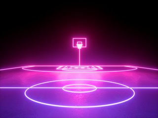 3d render, pink blue glowing neon light, basket on basketball field scheme, virtual sport playground