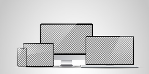 Realistic Computer, Laptop, Tablet and Mobile Phone with Transparent Wallpaper Screen Isolated. Set of Device Mockup Separate Groups and Layers. Easily Editable Vector.