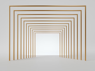 Wall Mural - 3d render, abstract minimal art deco geometric background. Isolated golden lines, empty corridor perspective view. Blank square frame with copy space