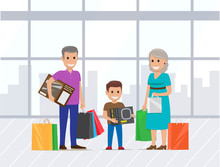 Grandparents Shopping With Little Grandson. Young Boy Helps To Hold Bags. Granny And Grandad Buying Presents For Grandchild. Elderly People Making Purchases