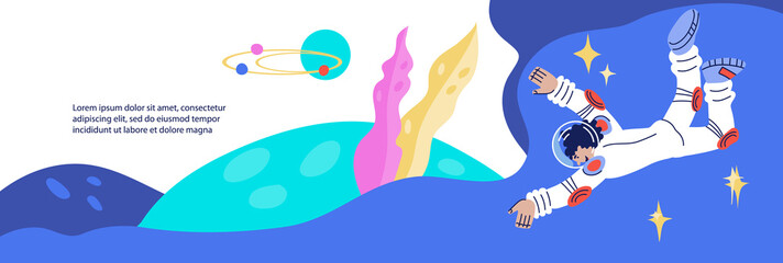 Wall Mural - Banner or flyer background for Cosmonautics day template with astronaut or spaceman female comic character. Universe research, space exploring and education concept. Flat cartoon vector illustration.