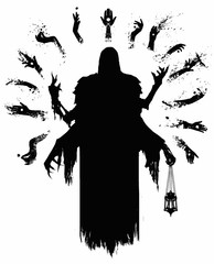 Eerie multi-armed silhouette of the wizard's Ghost with many hands hovering around him, in one of them he holds a censer 2D illustration.