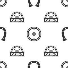 Canvas Print - Set Horseshoe, Casino roulette wheel and Casino signboard on seamless pattern. Vector