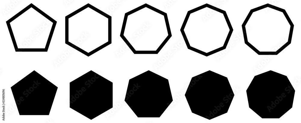 Set of simple polygons with five to nine sides. Filled and outline version - obrazy, fototapety, plakaty 