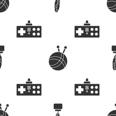 Wall Mural - Set Feather and inkwell, Yarn ball with knitting needles and Gamepad on seamless pattern. Vector