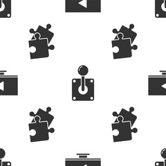 Poster - Set Online play video, Joystick for arcade machine and Piece of puzzle on seamless pattern. Vector