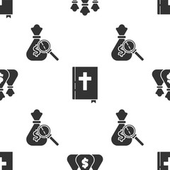 Poster - Set Money bag, Holy bible book and Money bag and magnifying glass on seamless pattern. Vector