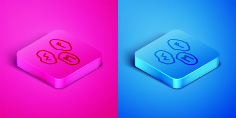 Isometric line Magic runes icon isolated on pink and blue background. Square button. Vector Illustration