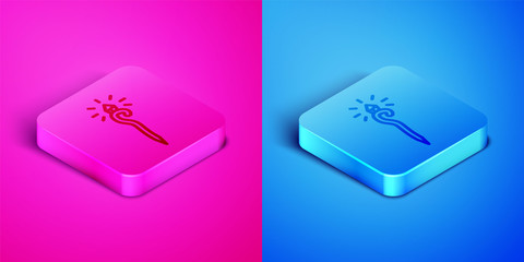 Wall Mural - Isometric line Magic staff icon isolated on pink and blue background. Magic wand, scepter, stick, rod. Square button. Vector Illustration