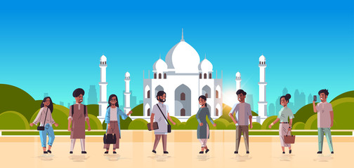 indian men women group standing together discussing during meeting people in casual clothes muslim nabawi mosque building cityscape background horizontal flat full length vector illustration