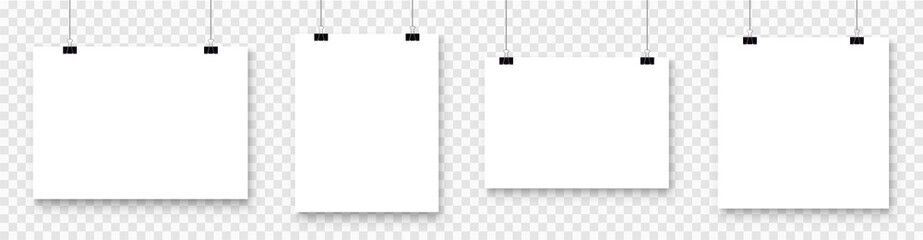 Sticker - White blank poster template hanging on wall. Paper banner mockup. Vector