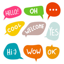 Vector Set Of Bright Varied Speech Bubbles. Doodle Style Speaking Bubbles Isolated On White Background. Stickers With Emotional Phrases.