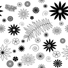 Set Black White Flower, Branch, Circle, For Pattern Seamless, Material, Paper, Wallpaper, Textil, Background