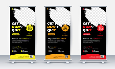 Wall Mural - fitness/gym roll up banner design, standee and banner template decoration for exhibition, printing, presentation and brochure flyer concept vector illustration