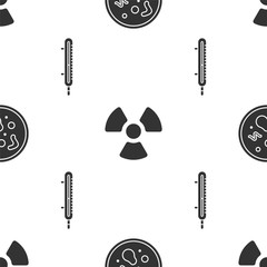 Sticker - Set Bacteria, Radioactive and Meteorology thermometer measuring on seamless pattern. Vector