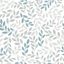 Silhouettes Of Identical Leaves Seamless Pattern. Vector Hand Drawn Illustration In Simple Scandinavian Doodle Cartoon Style. Isolated Gray-blue Branches On A White Background
