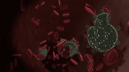 microscopic 3D rendering view of virus shaped as symbol of fire inside vein with red blood cells