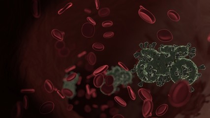 Wall Mural - microscopic 3D rendering view of virus shaped as symbol of motorcycle inside vein with red blood cells