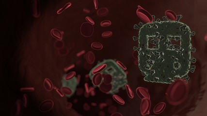 Wall Mural - microscopic 3D rendering view of virus shaped as symbol of public transport subway inside vein with red blood cells