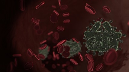 Canvas Print - microscopic 3D rendering view of virus shaped as symbol of shopping basket inside vein with red blood cells