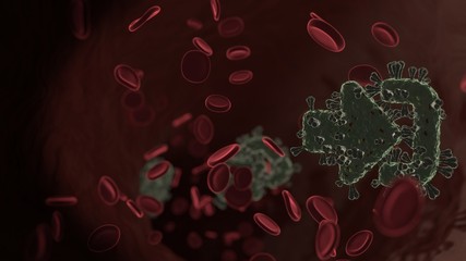 Wall Mural - microscopic 3D rendering view of virus shaped as symbol of sign in alt inside vein with red blood cells