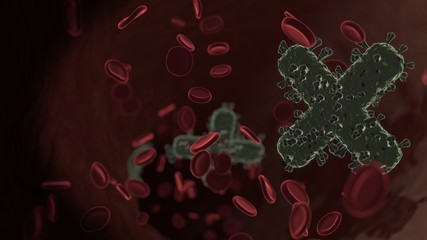 Wall Mural - microscopic 3D rendering view of virus shaped as symbol of times inside vein with red blood cells