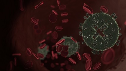 Wall Mural - microscopic 3D rendering view of virus shaped as symbol of times circle inside vein with red blood cells